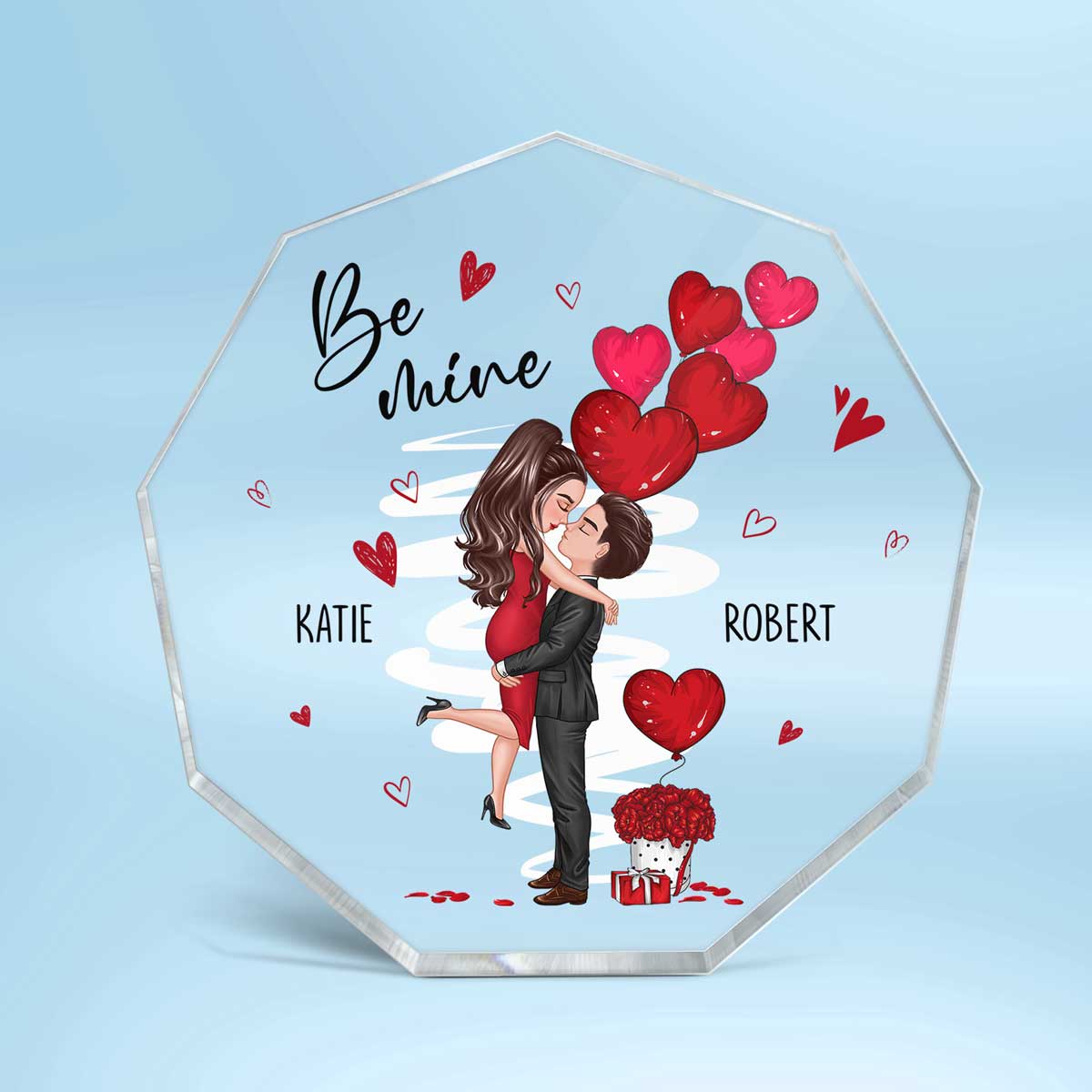 Be Mine Doll Couple Kissing Personalized Nonagon Acrylic Plaque - Gift For Him Gift For Her