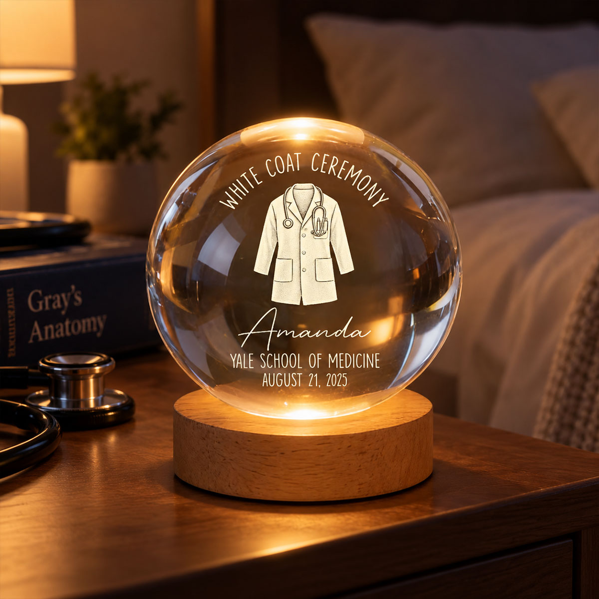 White Coat Ceremony - Personalized Crystal Ball – Custom Name Medical School Graduation, Gift for Doctor, Med Student & Future Physician