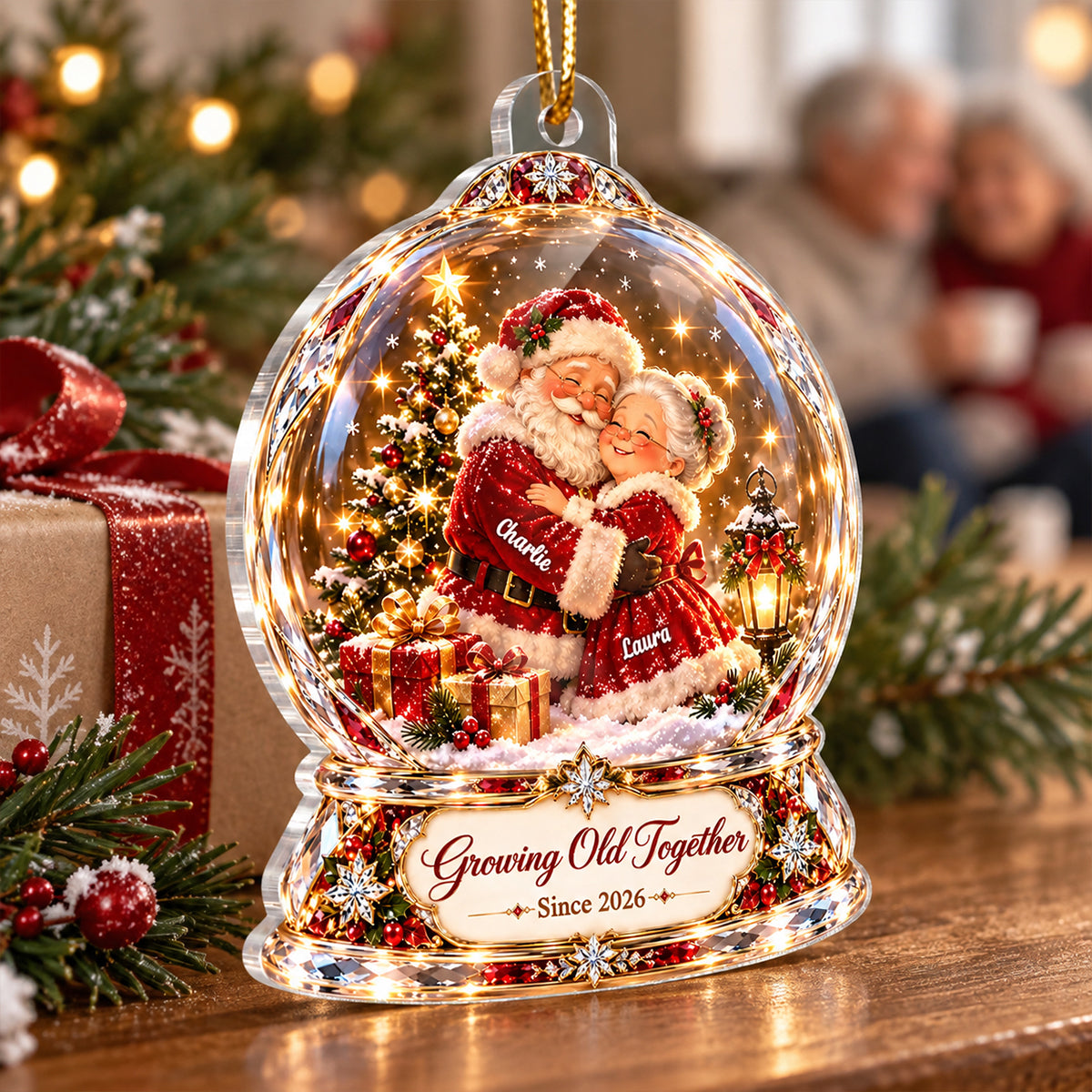 Santa Couple Growing Old Together 2D Flat Printed - Personalized Acrylic Ornament - Christmas Gift for Him, for Her
