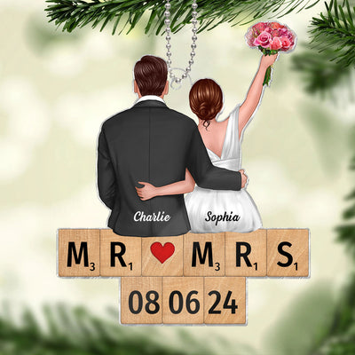 Wedding Couple Groom Bride Sitting On Puzzle Personalized Acrylic Ornament, Christmas Gift for Him for Her