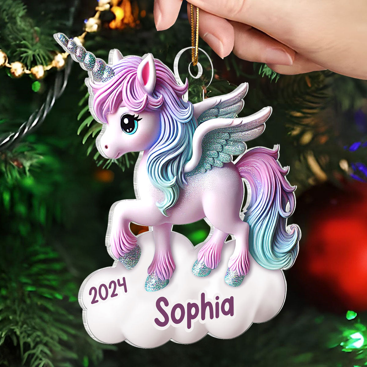 Magical Unicorn 3D Effect Baby's First Christmas Personalized Acrylic Flat Ornament