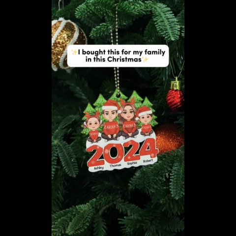 Family Sitting On 2024 Christmas Tree Line Personalized Wooden Ornament