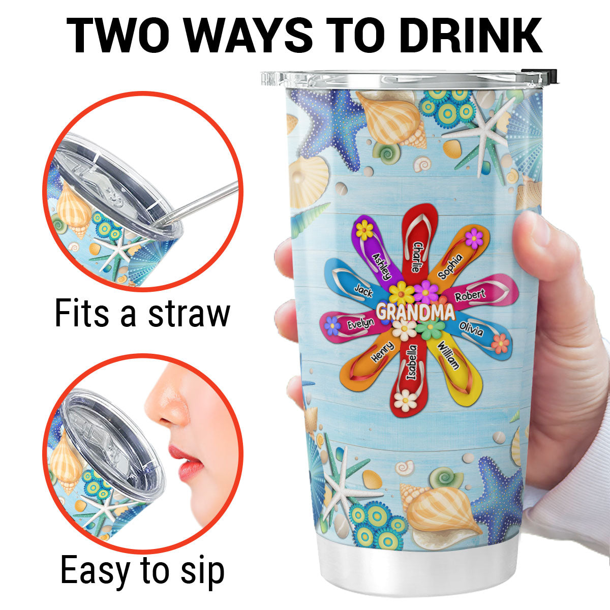 Grandma Mom Flip Flops Flower Summer Personalized Tumbler