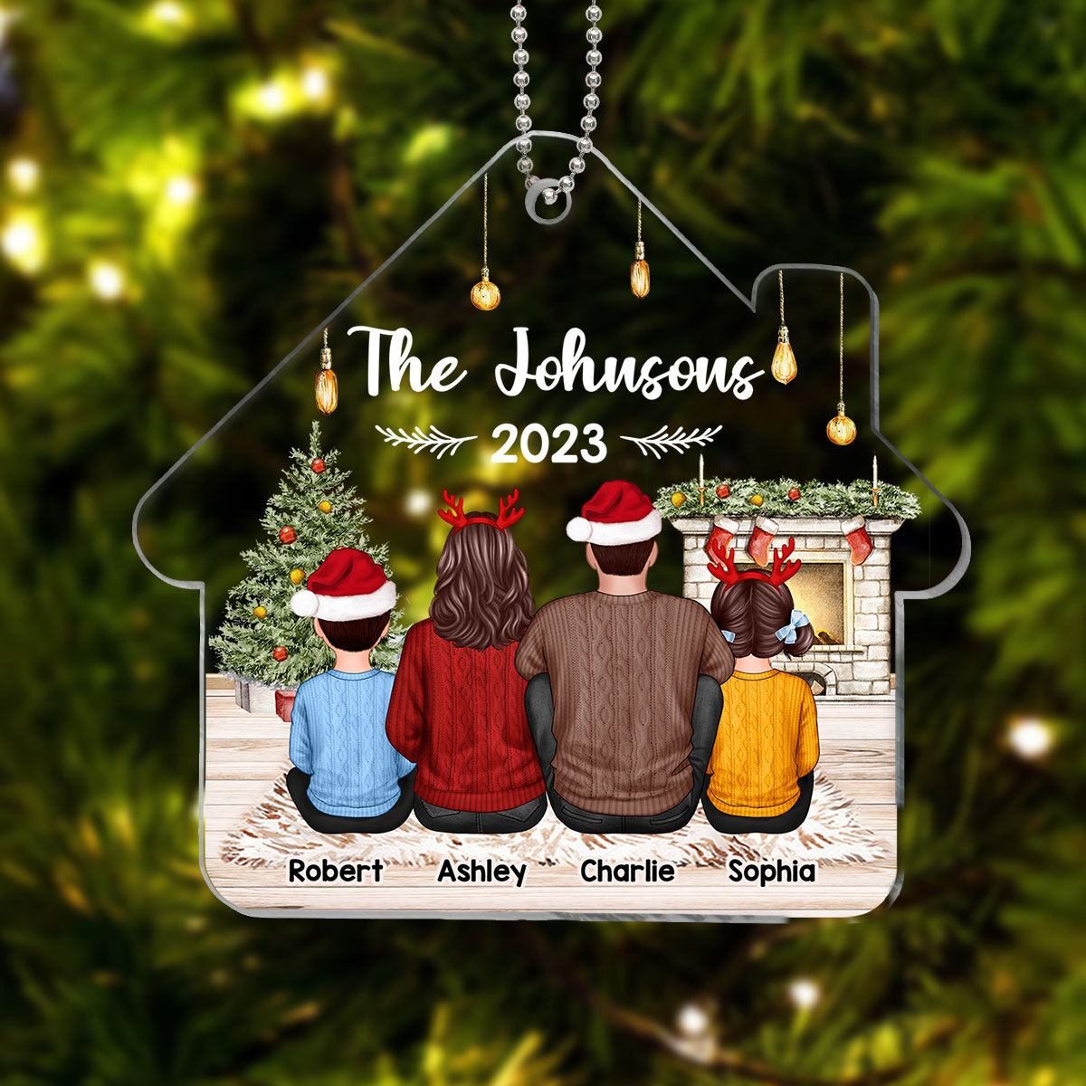 Family Sitting Back View House Shaped Personalized Acrylic Ornament