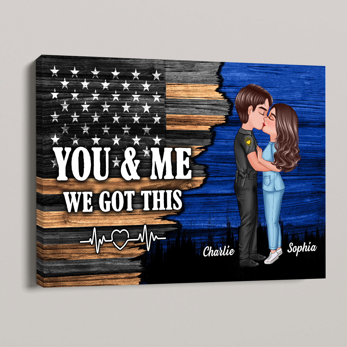 Hero Couple Kissing Half Flag Gifts by Occupation Firefighter, Nurse, Police Officer Personalized Canvas