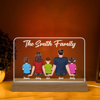 Back View Whole Family Couple Dad Mom Kids Dogs Cats Sitting Personalized Warm Custom Shape Acrylic Plaque LED Night Light