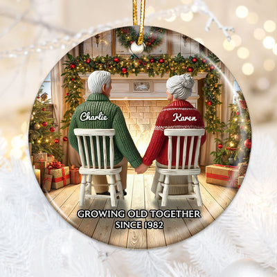Back View Old Couple Growing Old Together Christmas Personalized Ceramic Ornament, Christmas Gift For Him, For Her, Husband, Wife