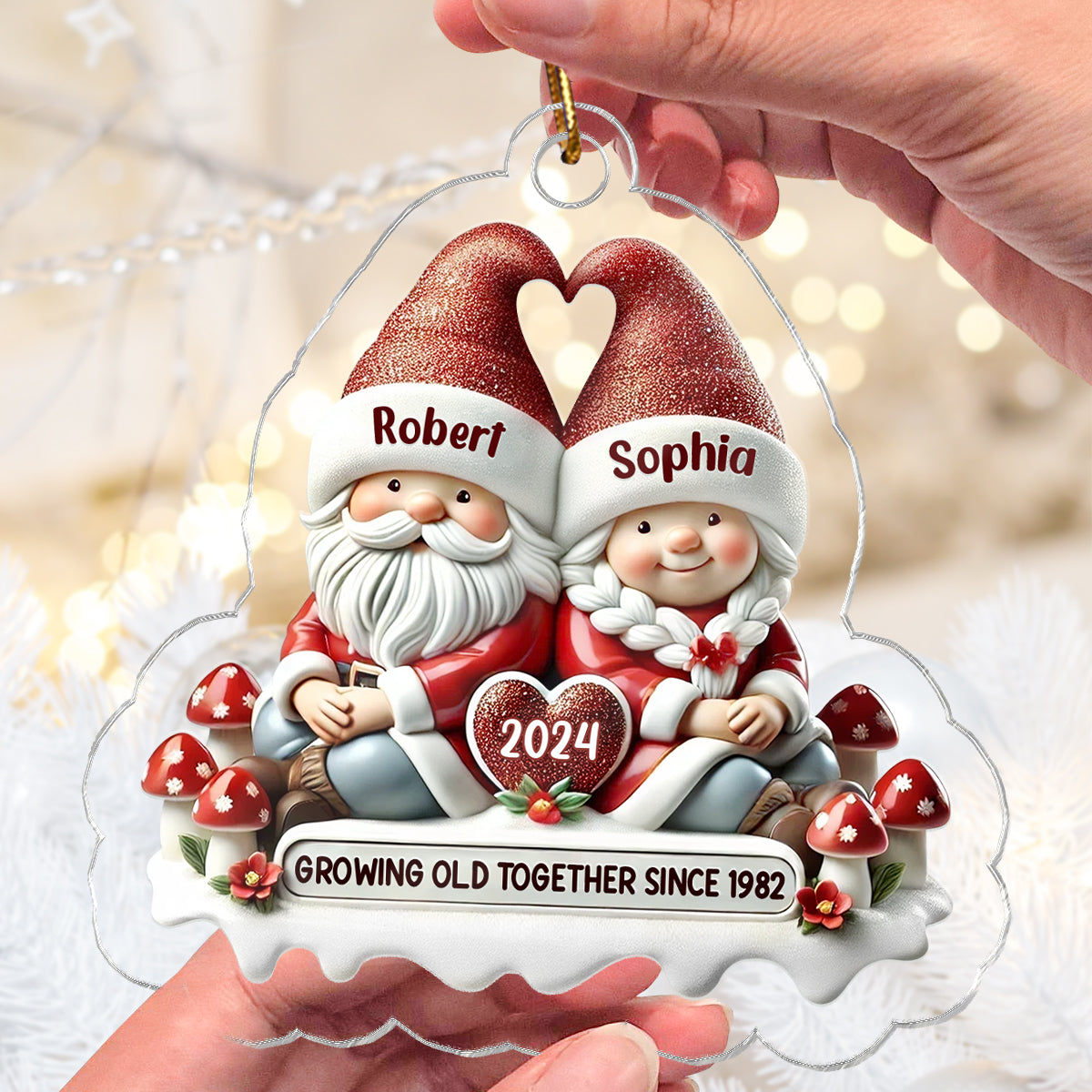 3D Effect Gnome Couple - Personalized Acrylic Ornament - Gift for Him, Gift for Her