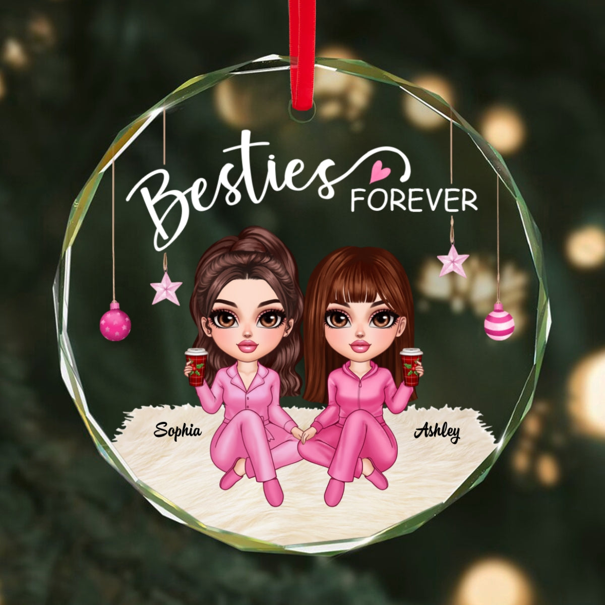 Besties Forever Pink Clothes Y2K Best Friends Personalized Glass Ornament, Friendship Christmas Gift