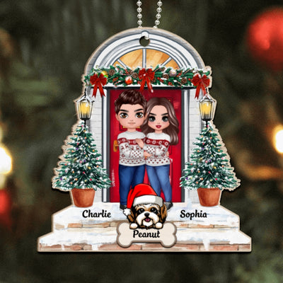 Doll Couple And Dogs Standing On The Front Porch Personalized Wooden Ornament