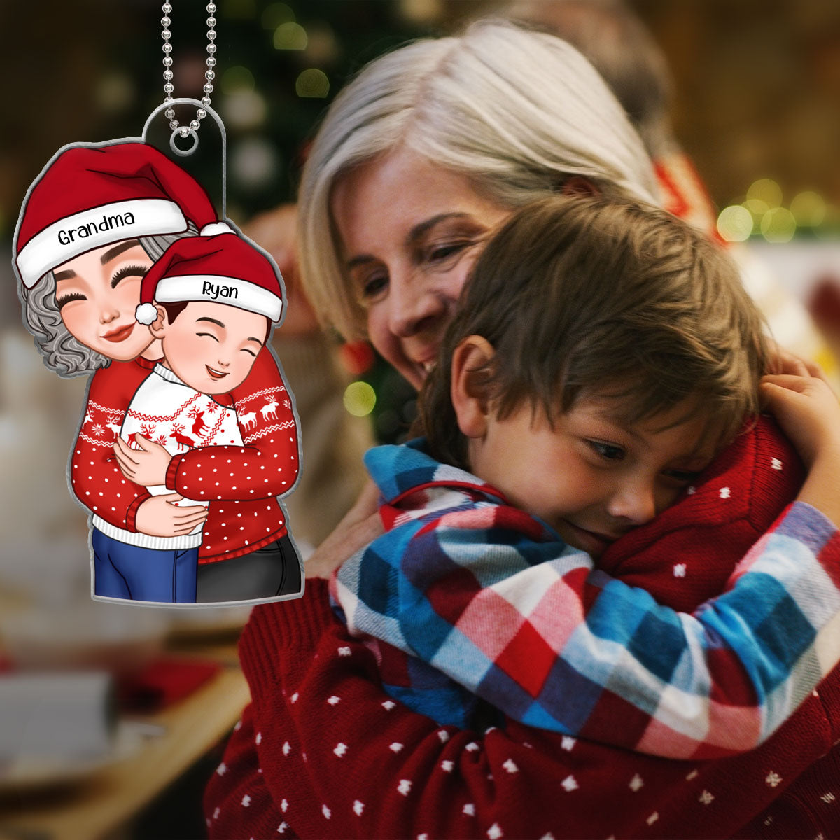Christmas Cute Grandma Hugging Kid Gift For Granddaughter Grandson - Personalized Acrylic Ornament - Gift For Granddaughter, Grandson
