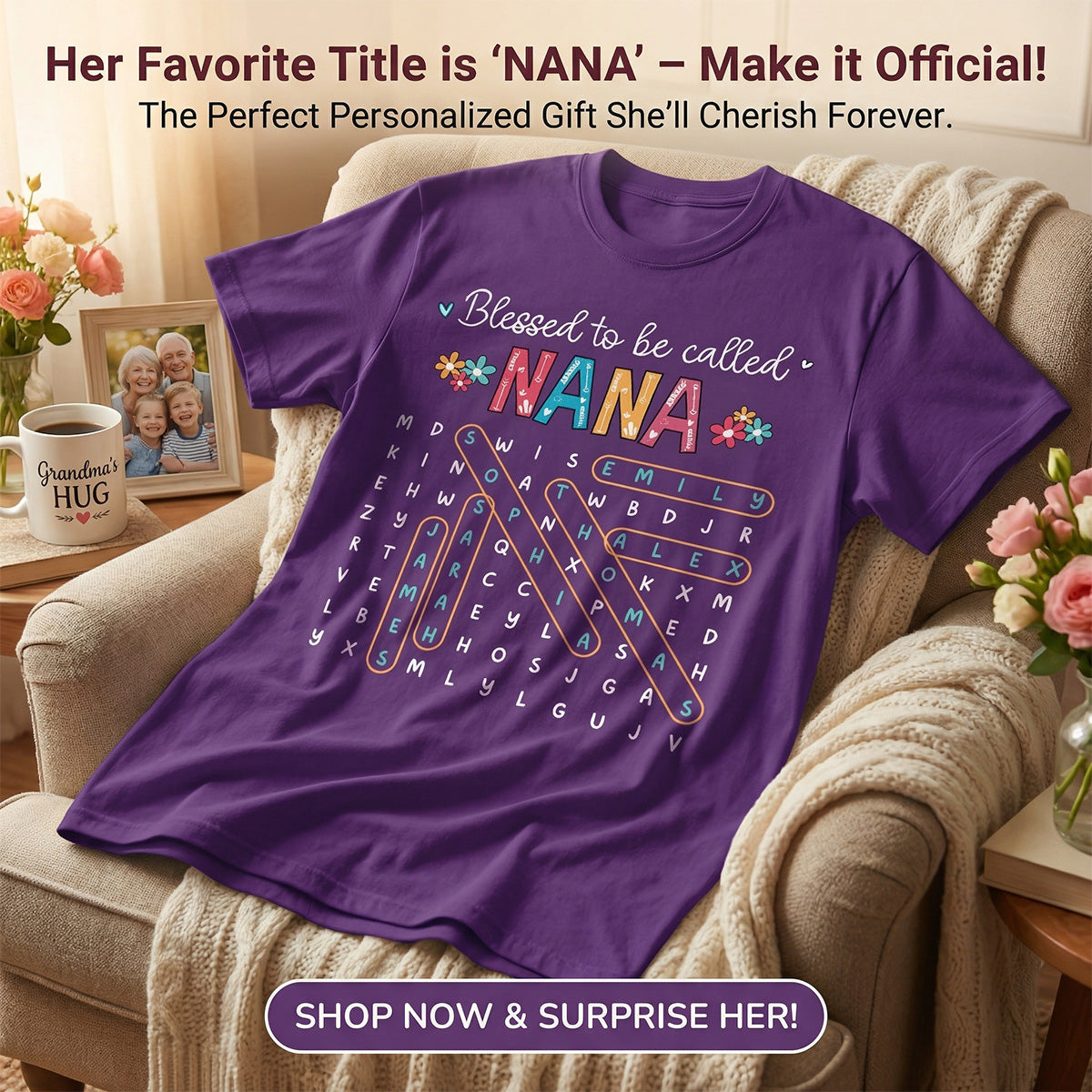 Blessed To Be Called Grandma Grandkids Name Word Search Puzzle - Personalized Shirt - Mother's Day Gift For Grandma Mom