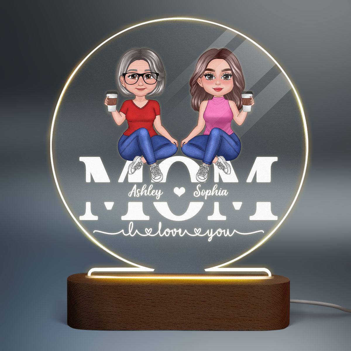Pretty Doll Mother Daughters Sitting On Text Personalized Acrylic Circle LED Night Light