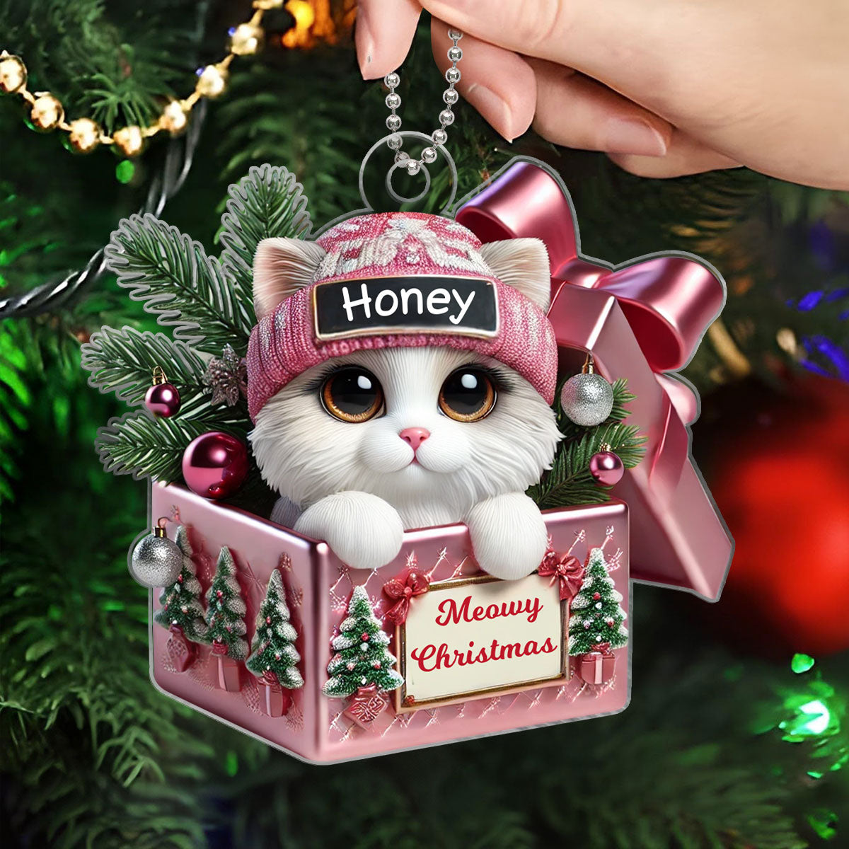 Cute Cat Inside Gift Box Personalized 2D Flat Acrylic Ornament, Christmas Gift for Cat Lovers