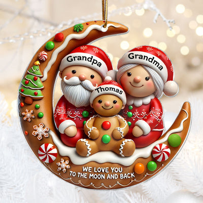 3D Effect Gingerbread Grandma Grandpa Hugging Grandkid On Moon Christmas Personalized Acrylic Ornament, Gift For Granddaughter, Grandson