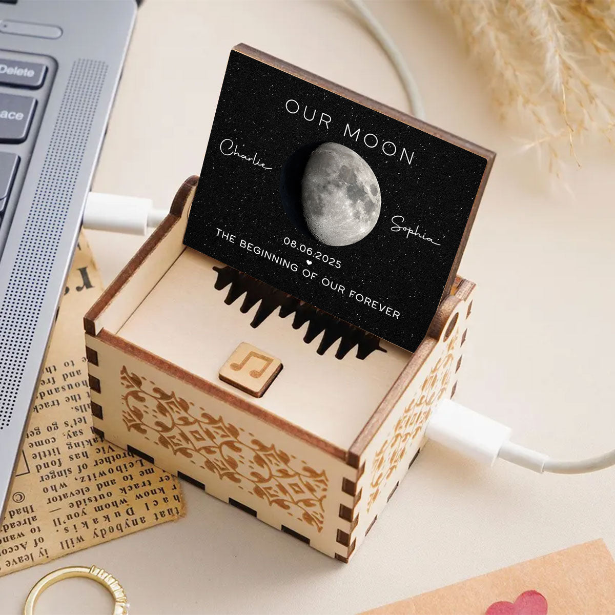 Our Moon Custom Moon Phase & Favorite Song - Personalized Wooden Music Box - Valentine's Day Gift For Him, Gift For Her