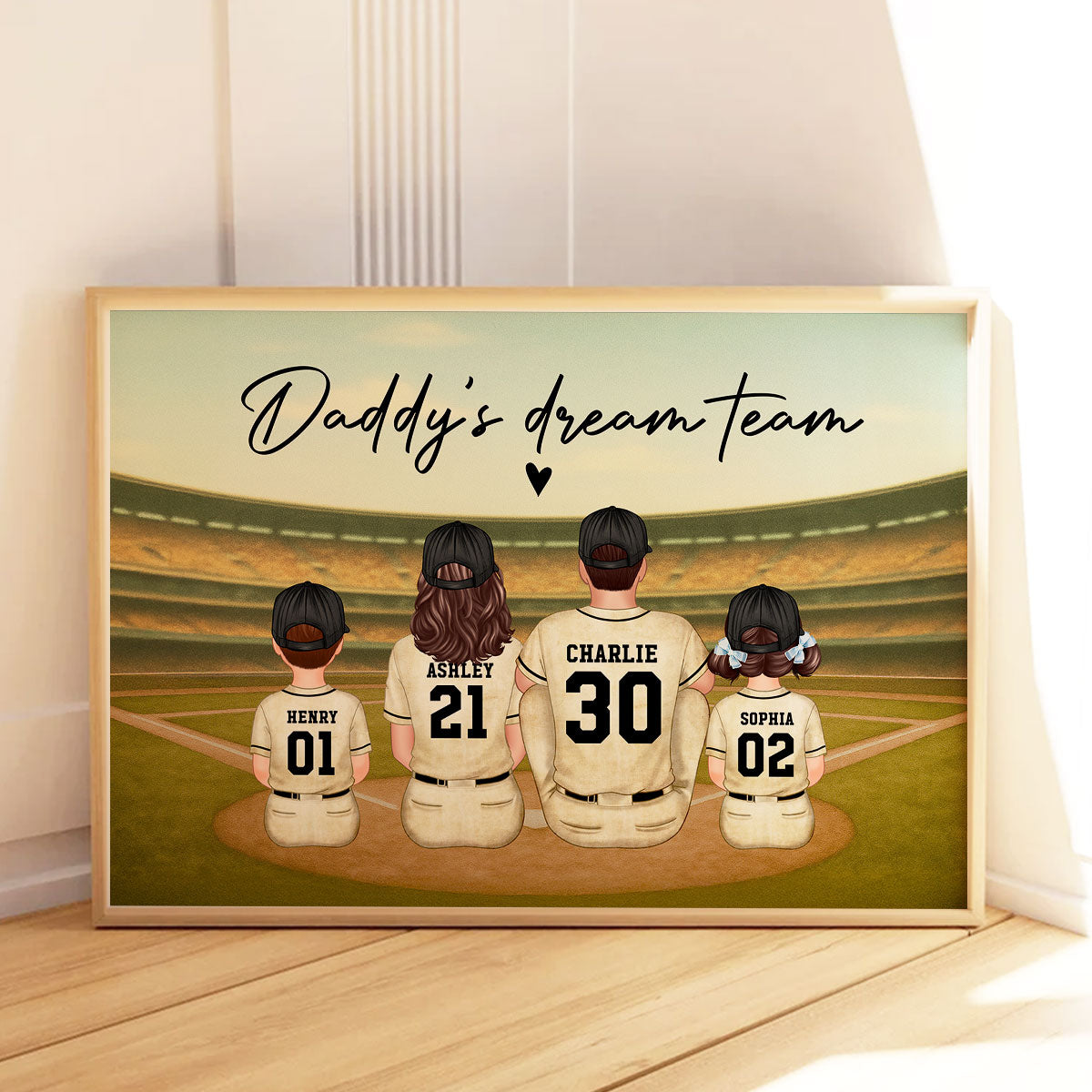 Retro Baseball Family Sitting Personalized Poster, Meaningful Christmas Gift for Dad, Gift for Husband