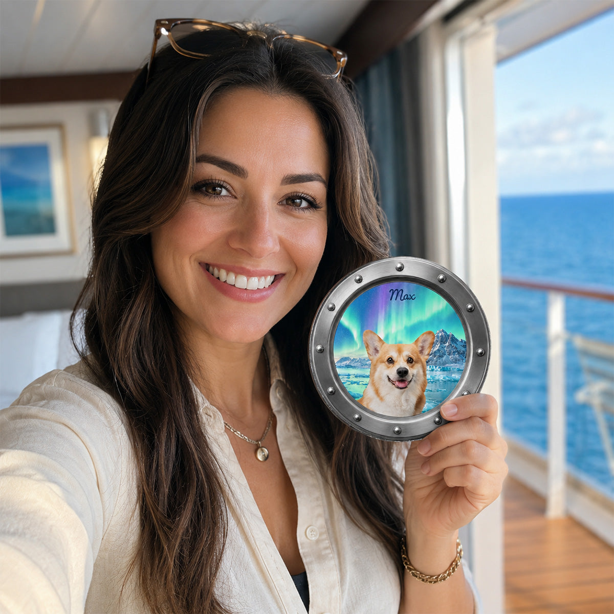 Custom Dog Cat Pet Photo Peeking Porthole - Personalized Cruise Door Magnet - Cruise Trip Keepsake For Pet Lovers
