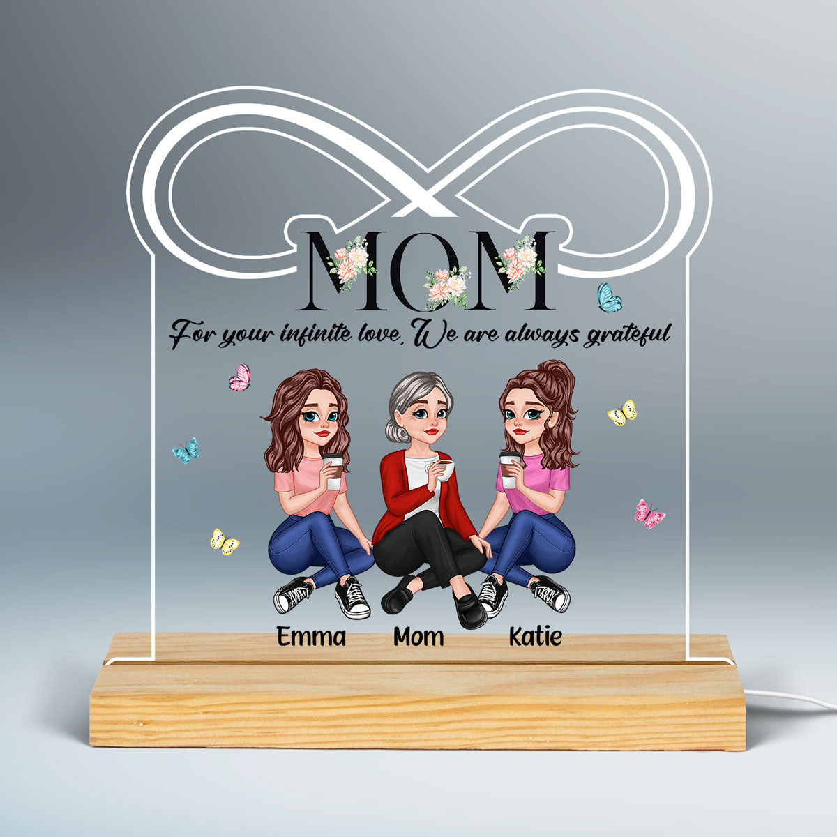 For Your Infinite Love Pretty Cartoon Mom Daughters Sitting Floral Custom Shape Acrylic Plaque LED Night Light