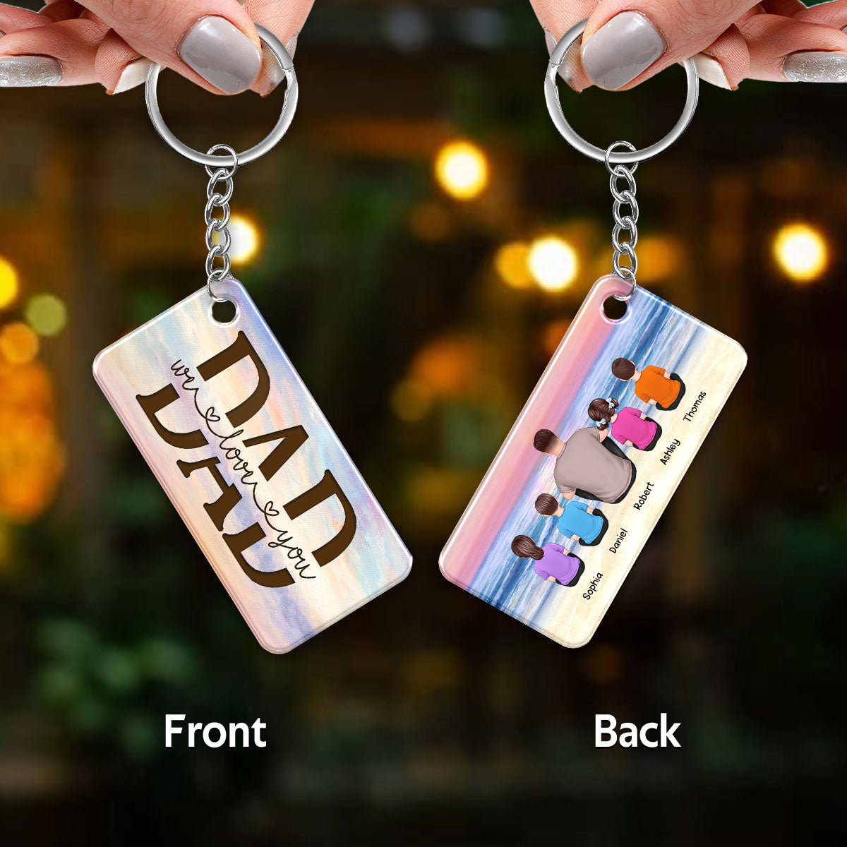 Sunset Beach Landscape Best Dad Ever Back View Man Kids Dog Cat Personalized Acrylic Keychain