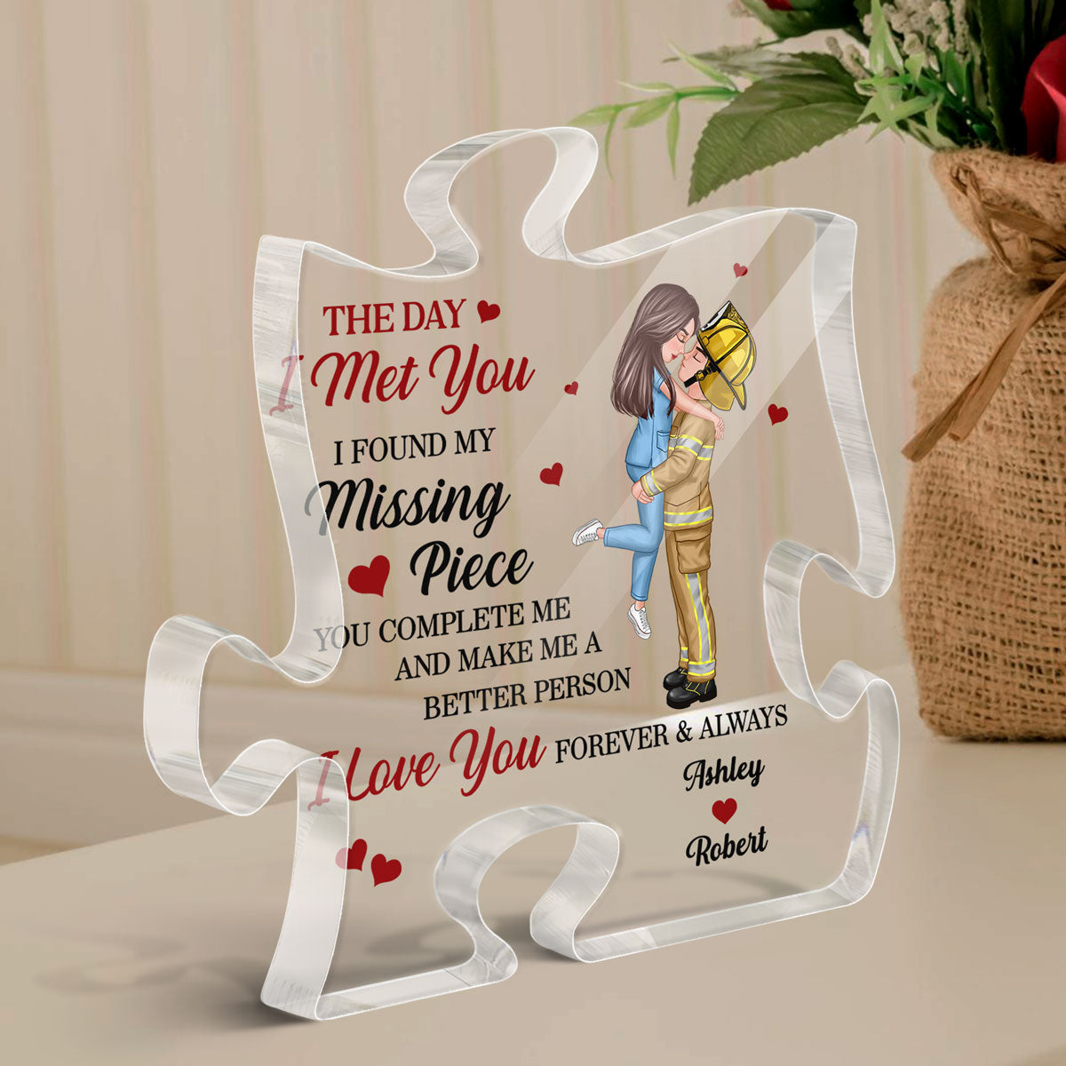 The Day I Met You Couple Valentine‘s Day Gifts by Occupation Gift For Her Gift For Him Firefighter, Nurse, Police Officer Personalized Puzzle Acrylic Block Plaque