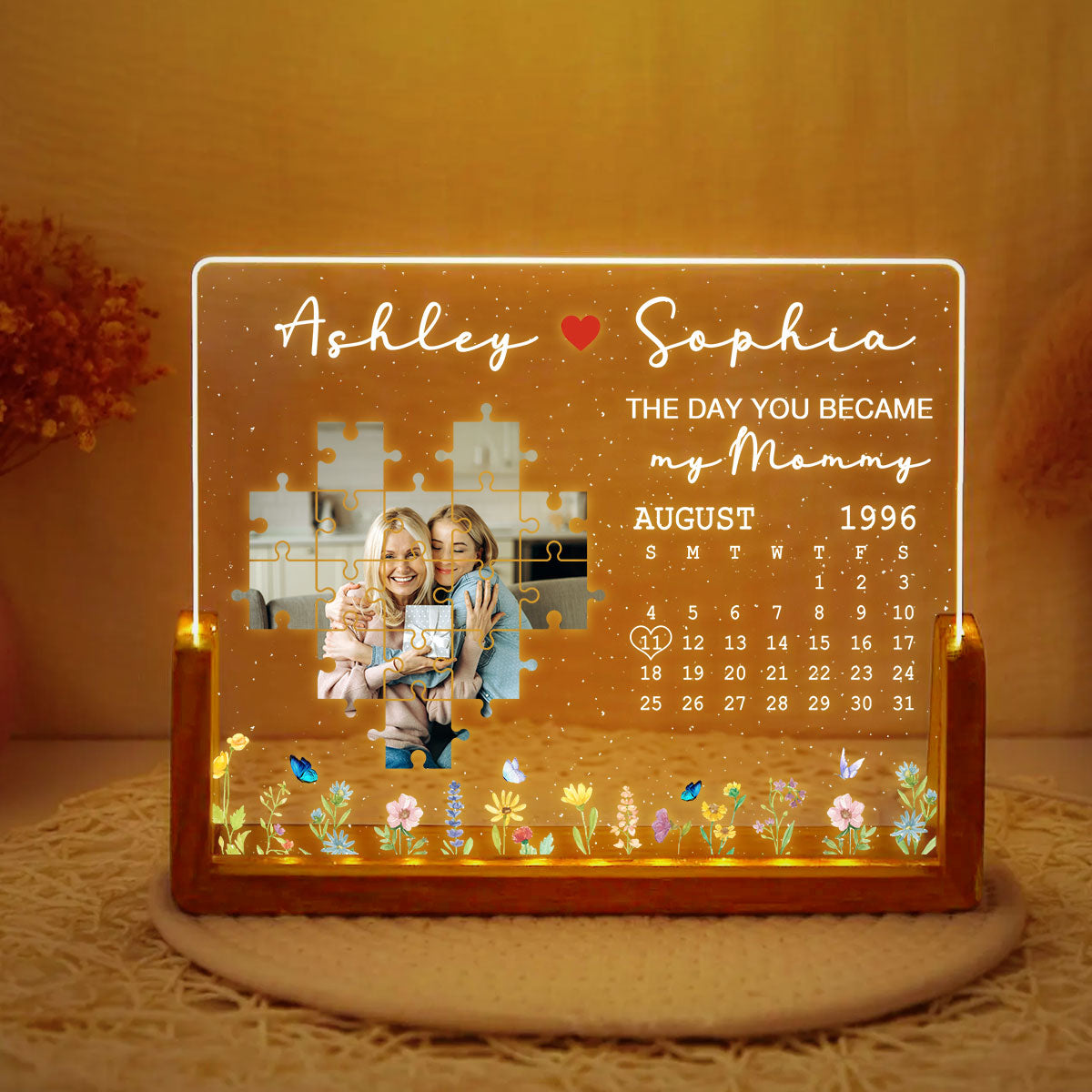 The Day You Became My Mom Grandma Upload Photo Puzzle Calendar Personalized U-Base Acrylic LED Night Light
