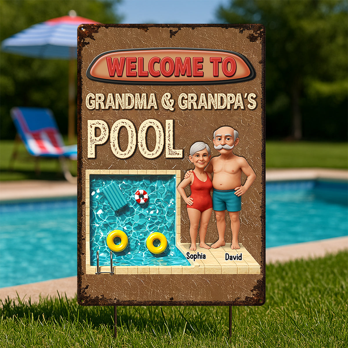 3D Effect Welcome To Grandma Grandpa Pool Personalized Metal Sign