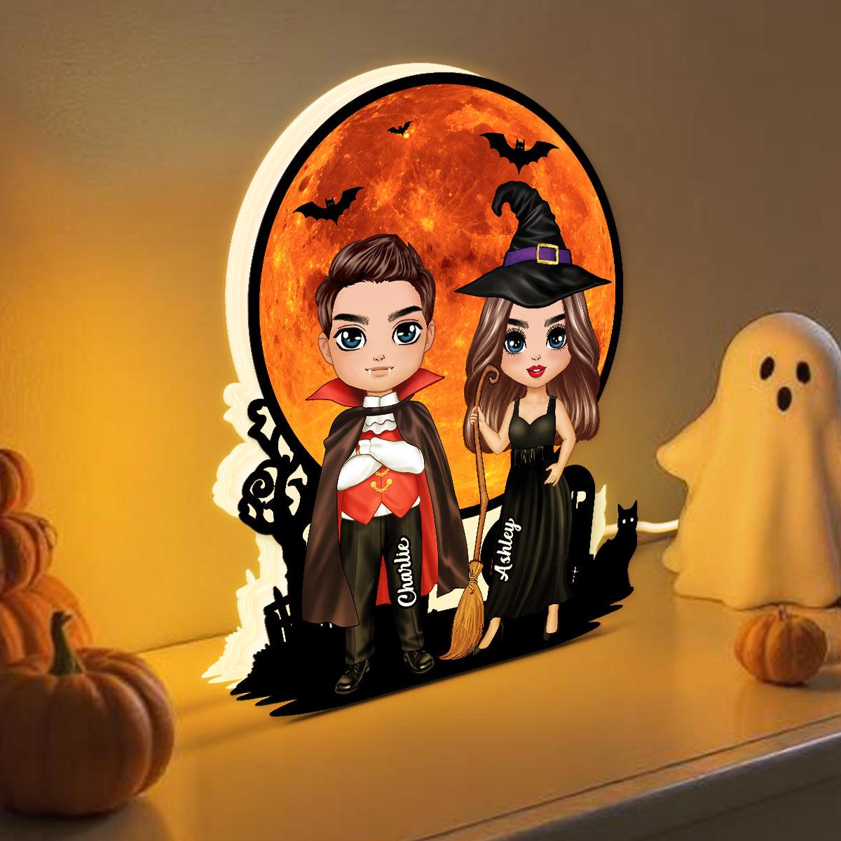 Couple Under Halloween Moon Tabletop Halloween Decor Personalized Light Box