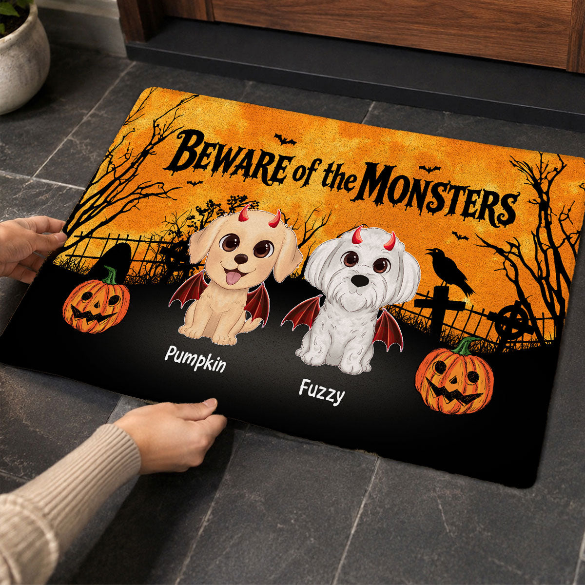 Halloween Theme Never Mind The Witch Beware Of The Dogs - Personalized Doormat - Halloween Decor For Dog Lovers