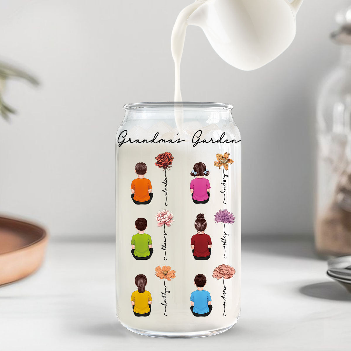 Grandkids Sitting Grandma Garden Vintage Birth Month Flowers Personalized Clear Glass Can