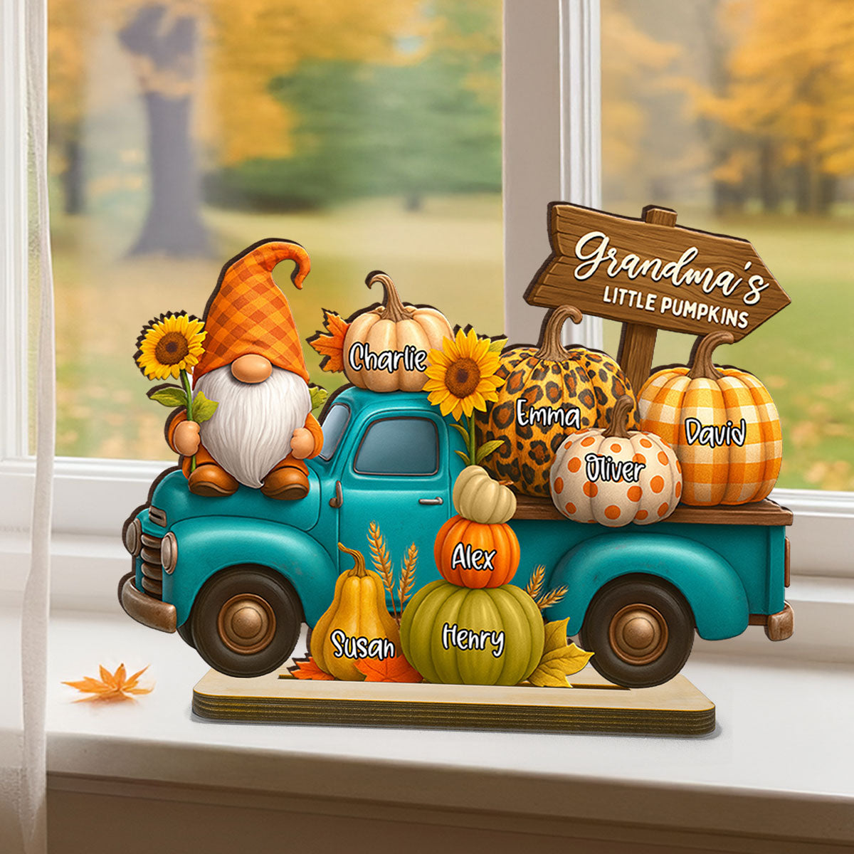 Fall Gnomes Truck Grandma's Pumpkin Personalized Standing Wooden Plaque, Cozy Fall Decor for Grandma