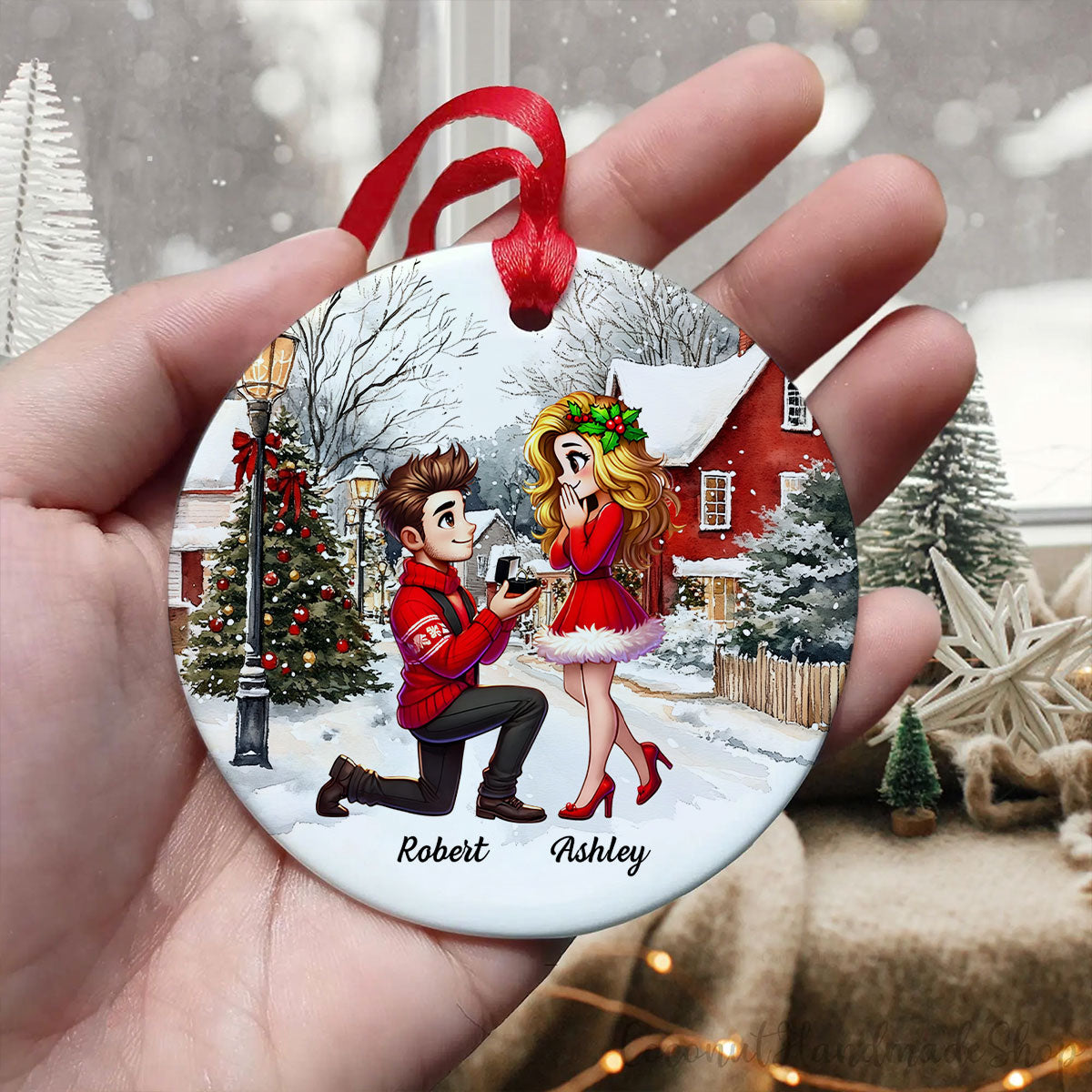 Snowy Scene Couple Marriage Proposal Personalized Ceramic Ornament, Custom Just Engaged Christmas Gifts for Couples