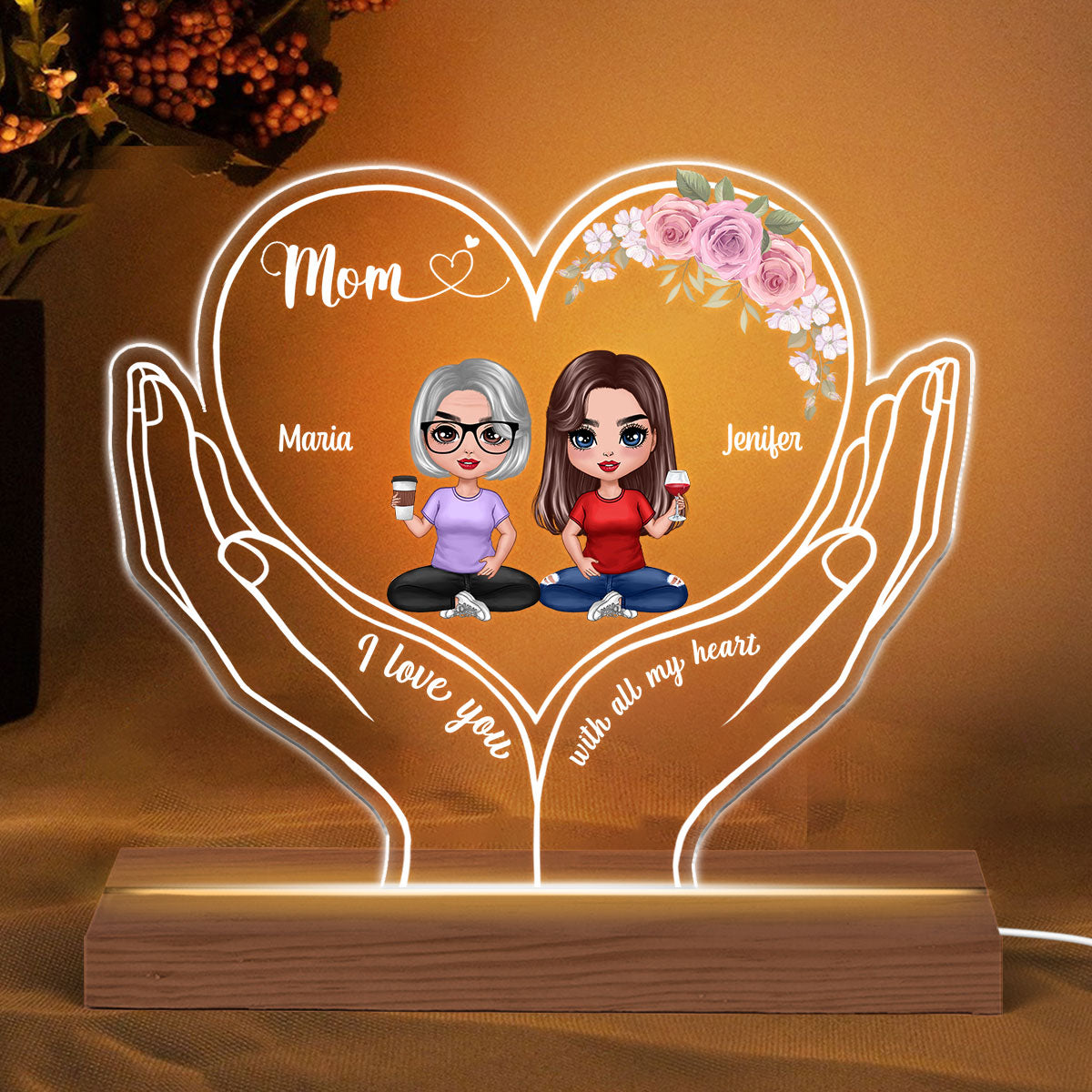 Mom I Love You Doll Mother Daughter Heart On Hands Personalized Custom Shaped Acrylic Plaque With LED Night Light