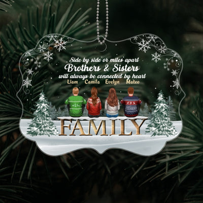 Family Sibling Sister Brother Sitting On Word In Snow Personalized Acrylic Ornament