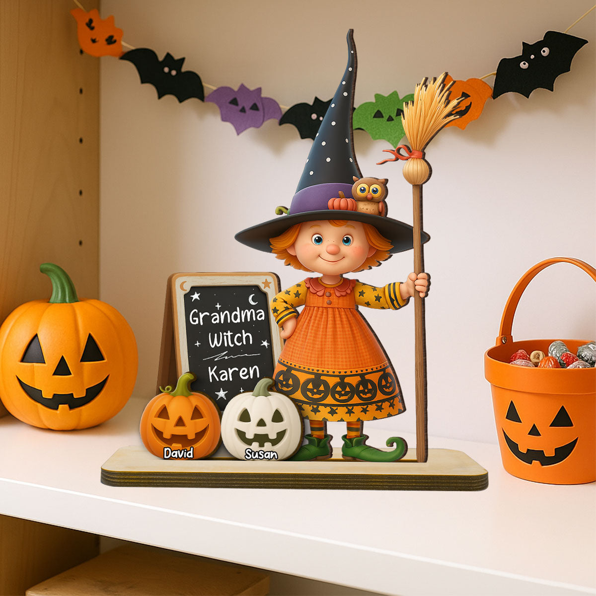 Grandma Witch Personalized Standing Wooden Plaque, Halloween Jack-o'-lantern Decor for Grandma