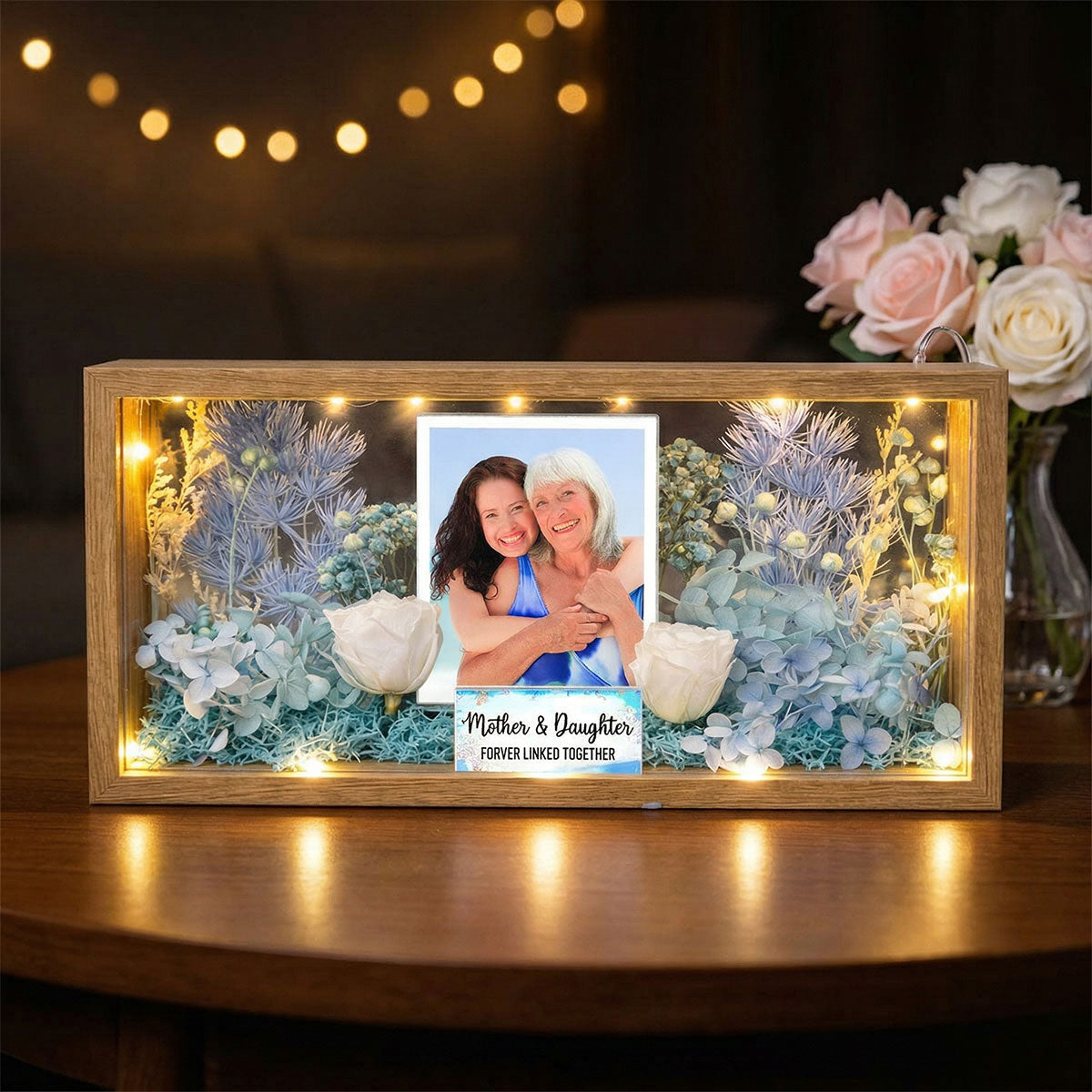 Mom And Daughter Son Custom Photo - Personalized DIY Flower Shadow Box LED Night Light - Gift For Mom, Daughter