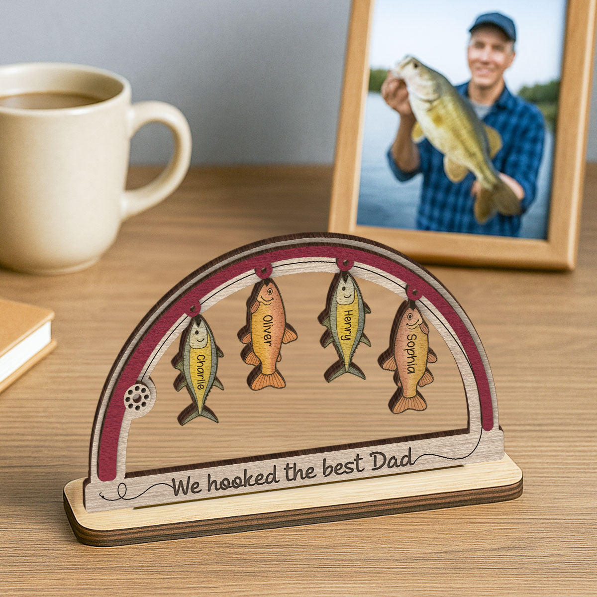 We're Hooked The Best Dad Grandpa Fishing Personalized 2-Layer Standing Wooden Plaque, Father's Day Gift For Dad, Gift for Husband