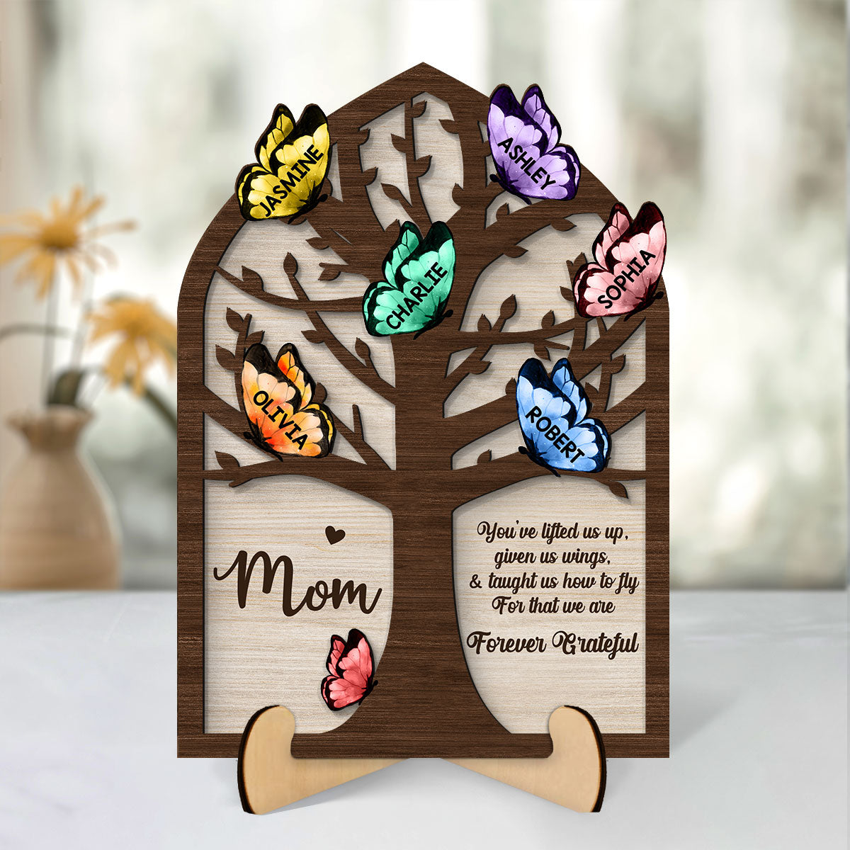 Grandma Mom Tree Butterflies Personalized 2-layer Wooden Plaque