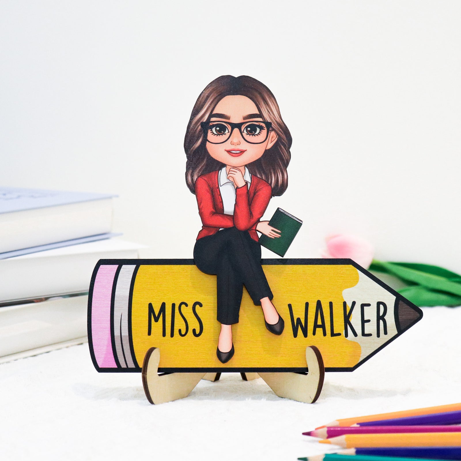 Doll Teacher Sitting On Pencil - Personalized 2-Layered Wooden Plaque - Gift For Teacher