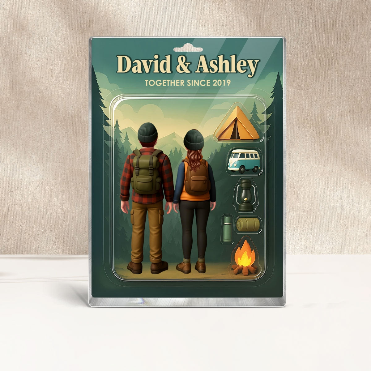 Camping Couple Toy Box Figures Style Personalized Acrylic Block Plaque