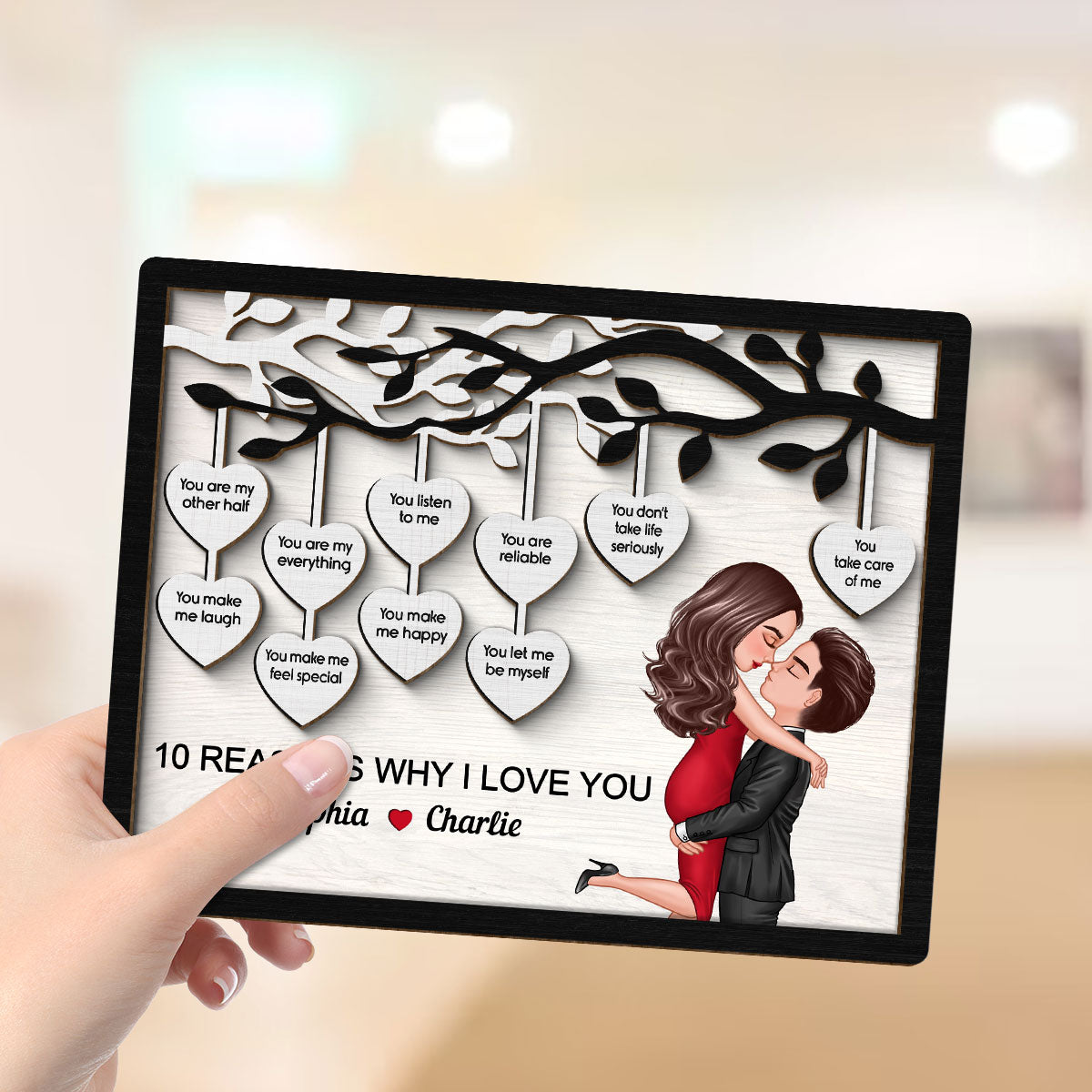 Couple Kissing Under Heart Tree Reasons I Love You Personalized 2-Layer Wooden Plaque, Valentine‘s Day Gift For Him, For Her