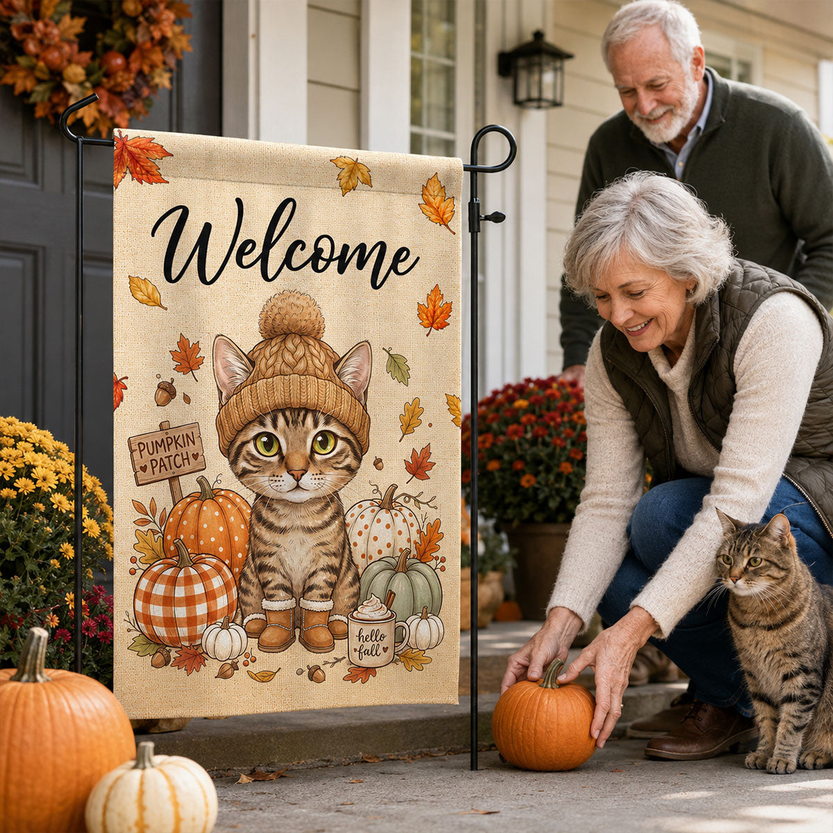 Hello Fall Custom Dog Cat Pet Portrait from Photo - Personalized Garden Flag - Cozy Fall Decor for Pet Lovers