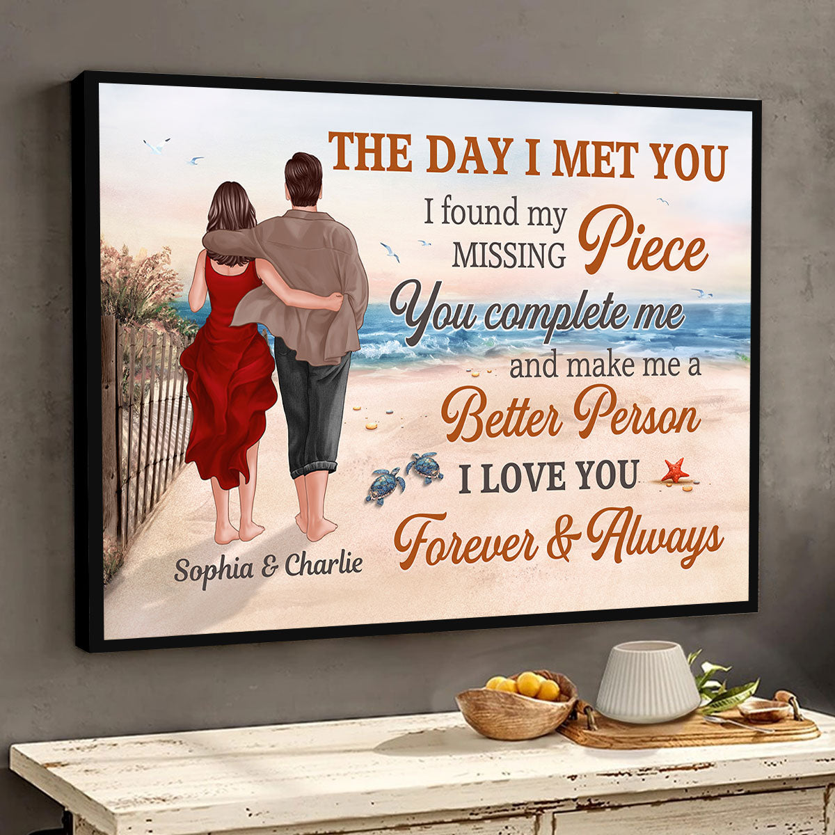 Back View Couple Walking On The Beach Path The Day I Met You Personalized Horizontal Poster