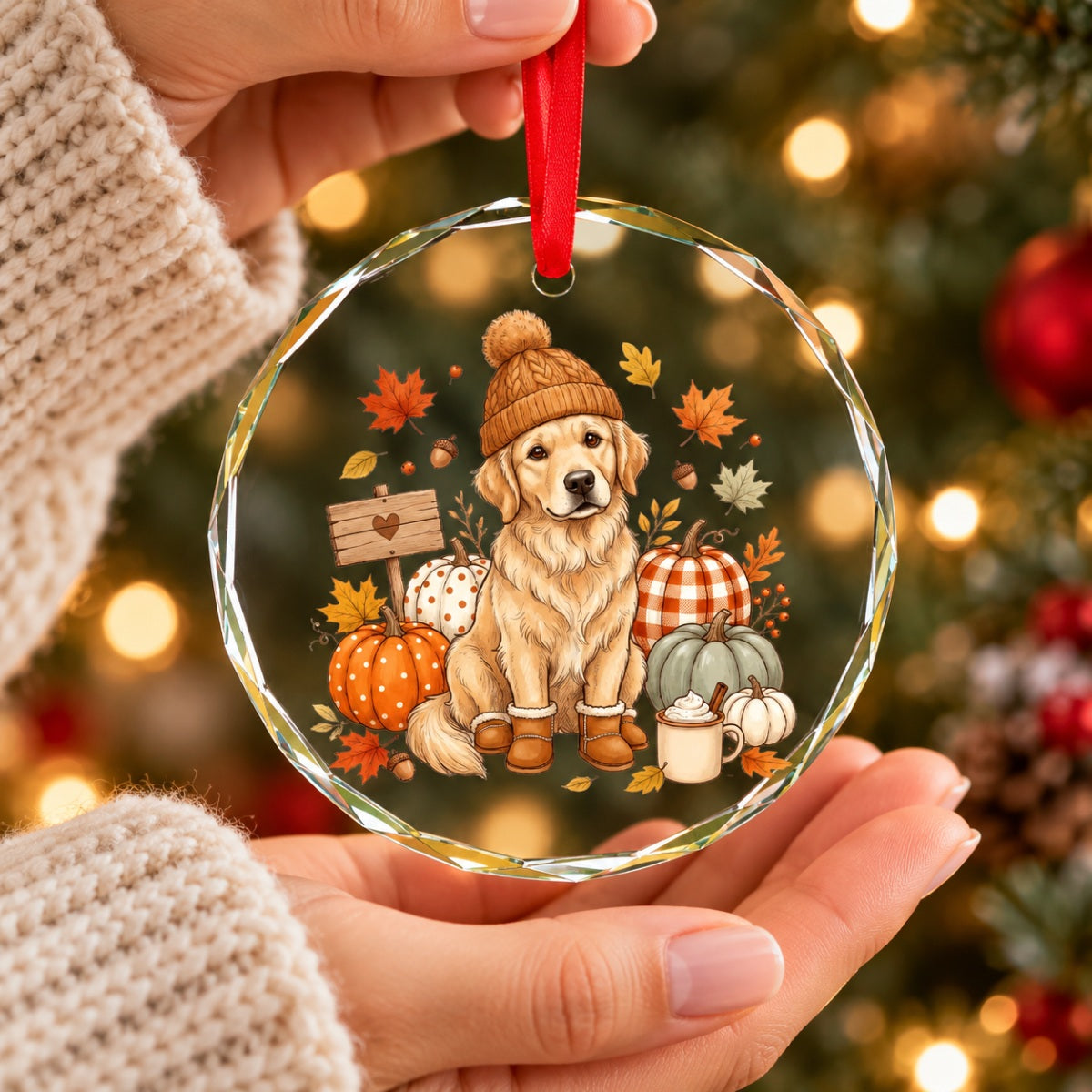 Custom Dog Photo Pumpkin Patch - Personalized Glass Ornament - Fall Gift for Dog Moms, Cat Moms, Pet Lovers