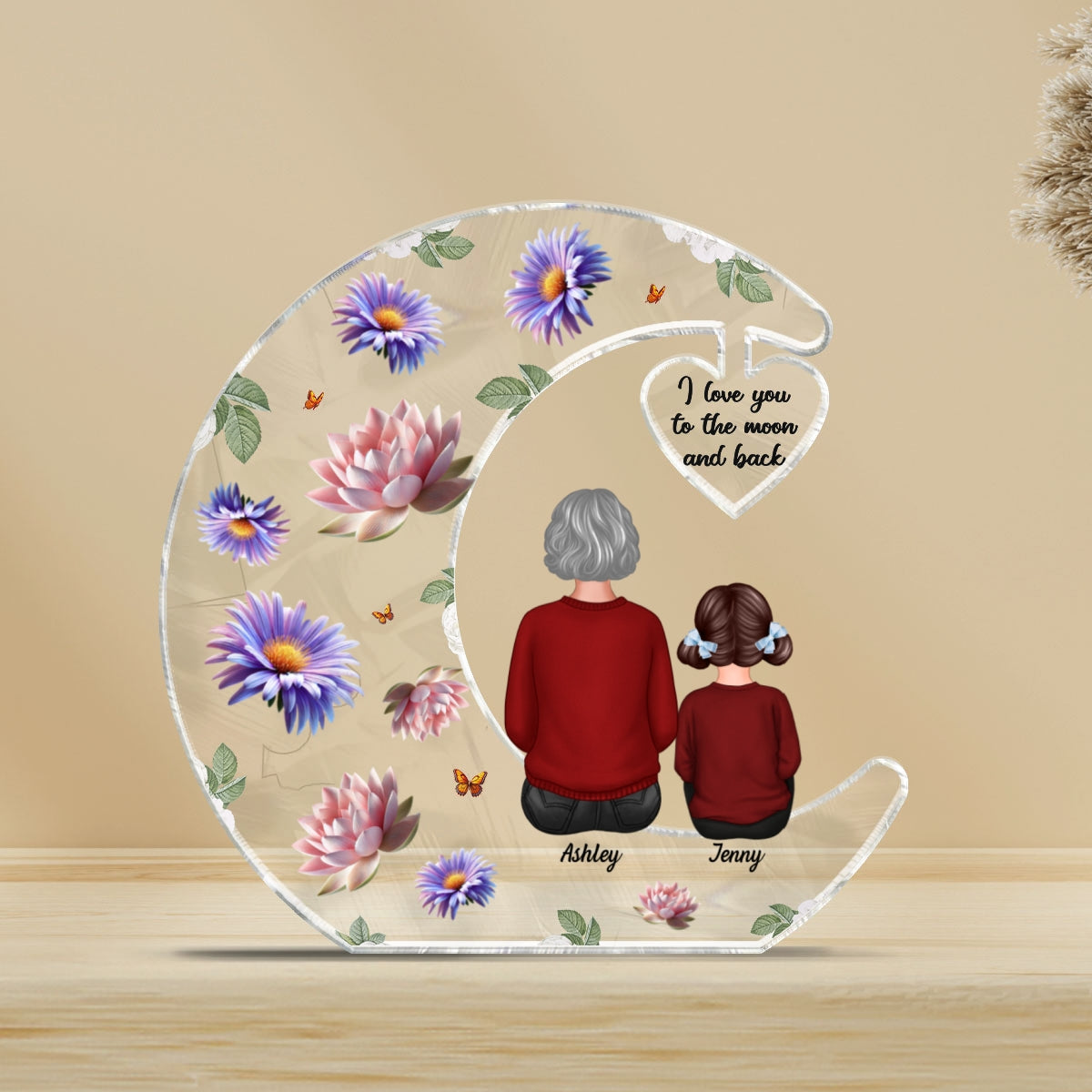Grandma I Love You to the Moon and Back, Birth Month Flowers Personalized Acrylic Plaque