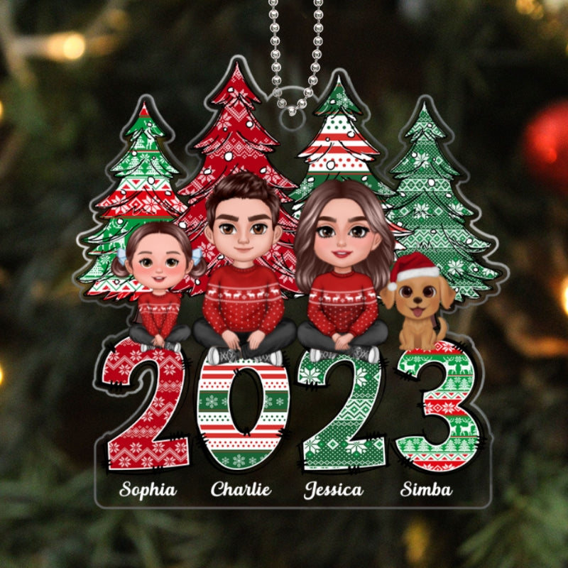 Ugly Sweater Pattern Family Sitting Crossed Legs Personalized Acrylic Ornament