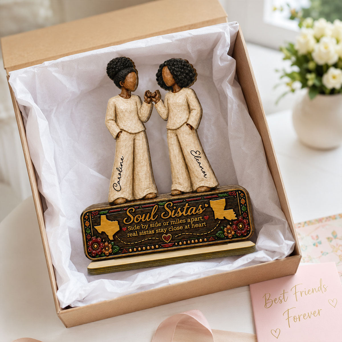 Long Distance Soul Sistas Pinky Promise 2D Flat - Personalized 2-Layered Wooden Plaque - Long Distance Friendship Keepsake