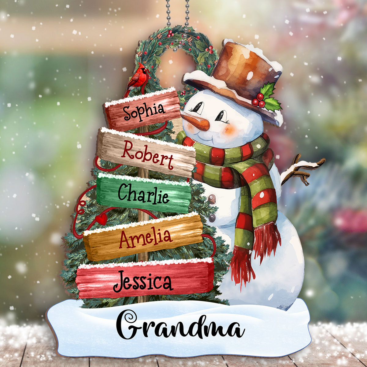 Grandma Mom Snowman Christmas Sign Personalized Wooden Ornament