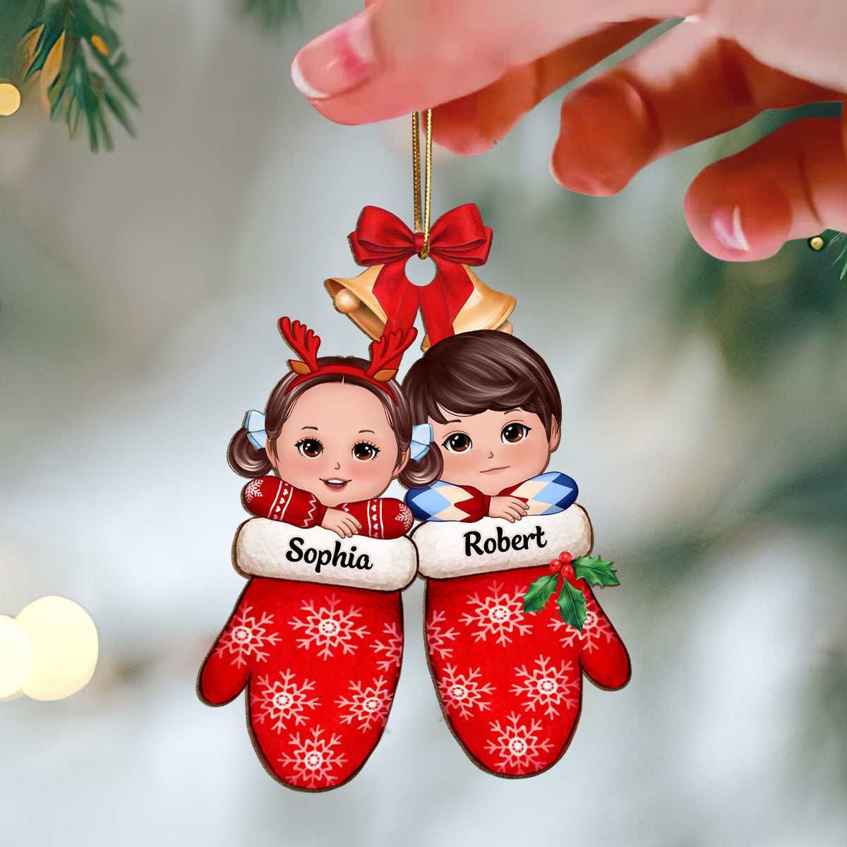 Christmas Doll Kids Laying On Hands In Gloves Personalized Wooden Ornament