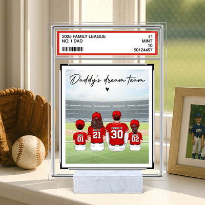 Baseball No. 1 Dad Man & Kids Sitting Trading Card Style Personalized Acrylic Plaque
